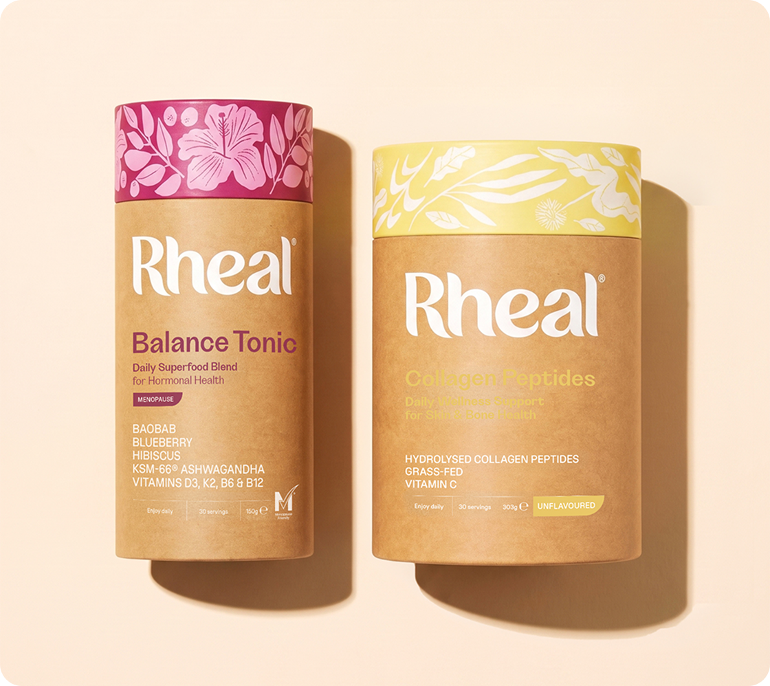 Balance Tonic Menopause and Rheal Collagen Peptides tubs side by side