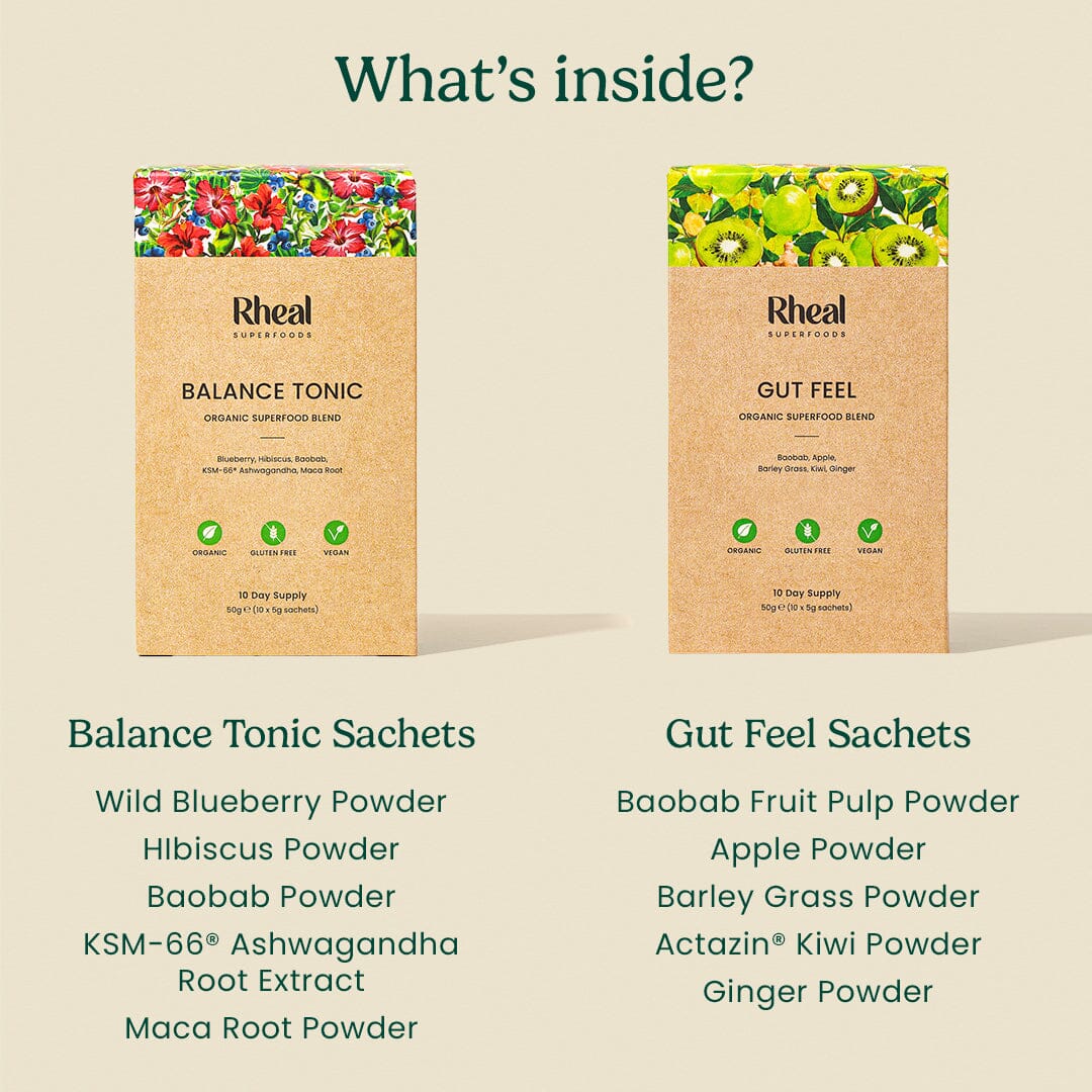 Gut Feel PK10 sachet + Balance Tonic PK10 sachet + Bottle Bundle Product Rheal Superfoods 