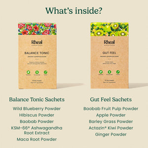 Gut Feel PK10 sachet + Balance Tonic PK10 sachet + Bottle Bundle Product Rheal Superfoods 
