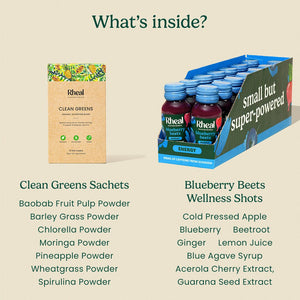 Rheal Immunity & Energy Starter Kit: Clean Greens Sachets & Blueberry Beets Wellness Shots Product Rheal 