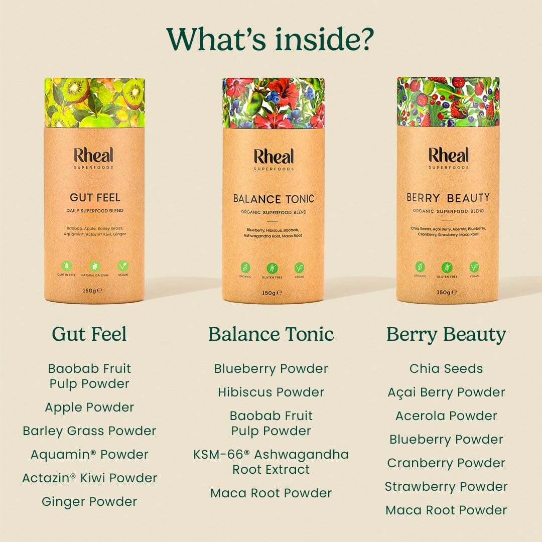 Rheal Wellness Essentials Bundle: Gut Feel & Balance Tonic & Berry Beauty Product Rheal Superfoods 