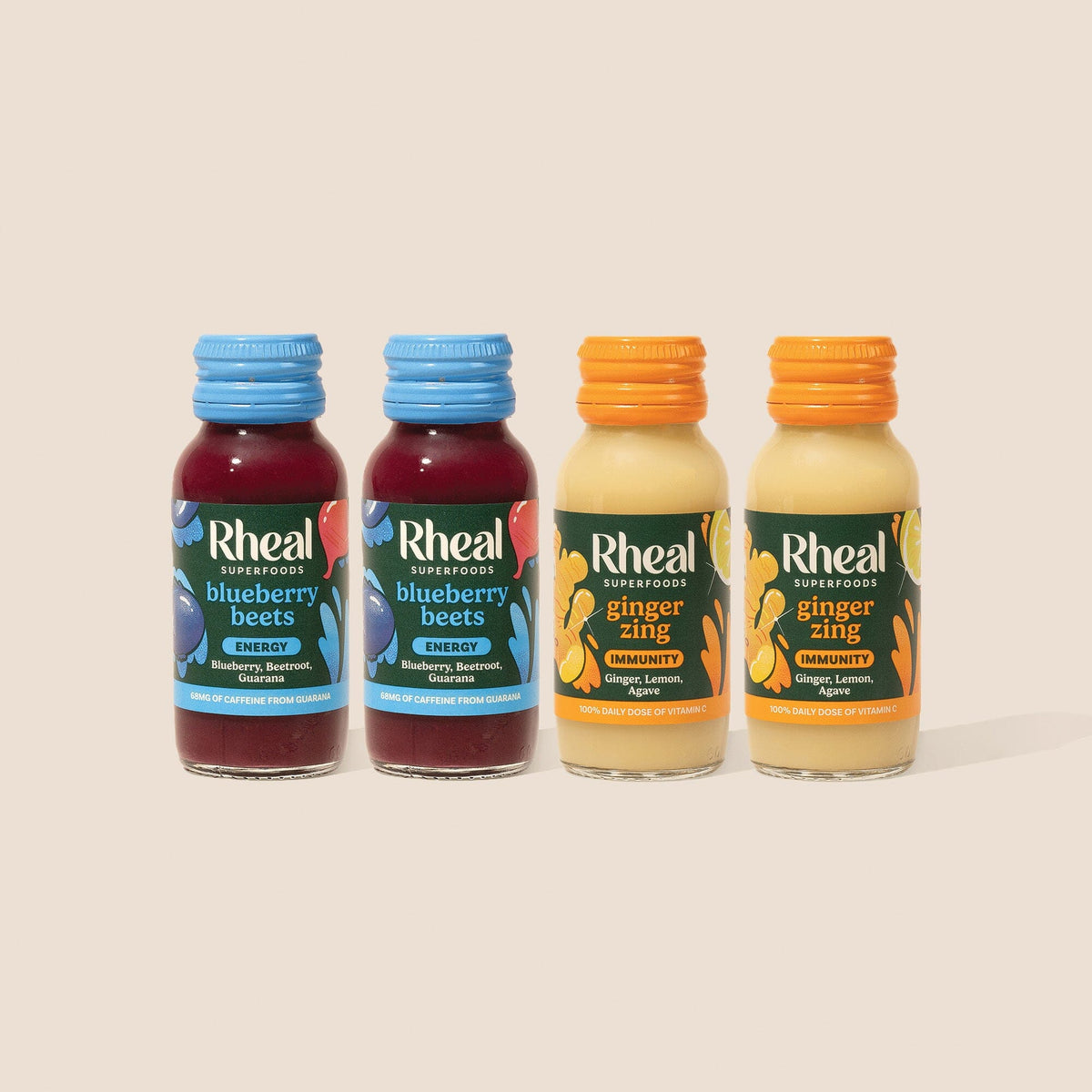 Wellness Shot sample pack - Ginger Zing (2x 60ml) and Blueberry Beets (2 x 60ml) Wellness Shots Rheal Superfoods 